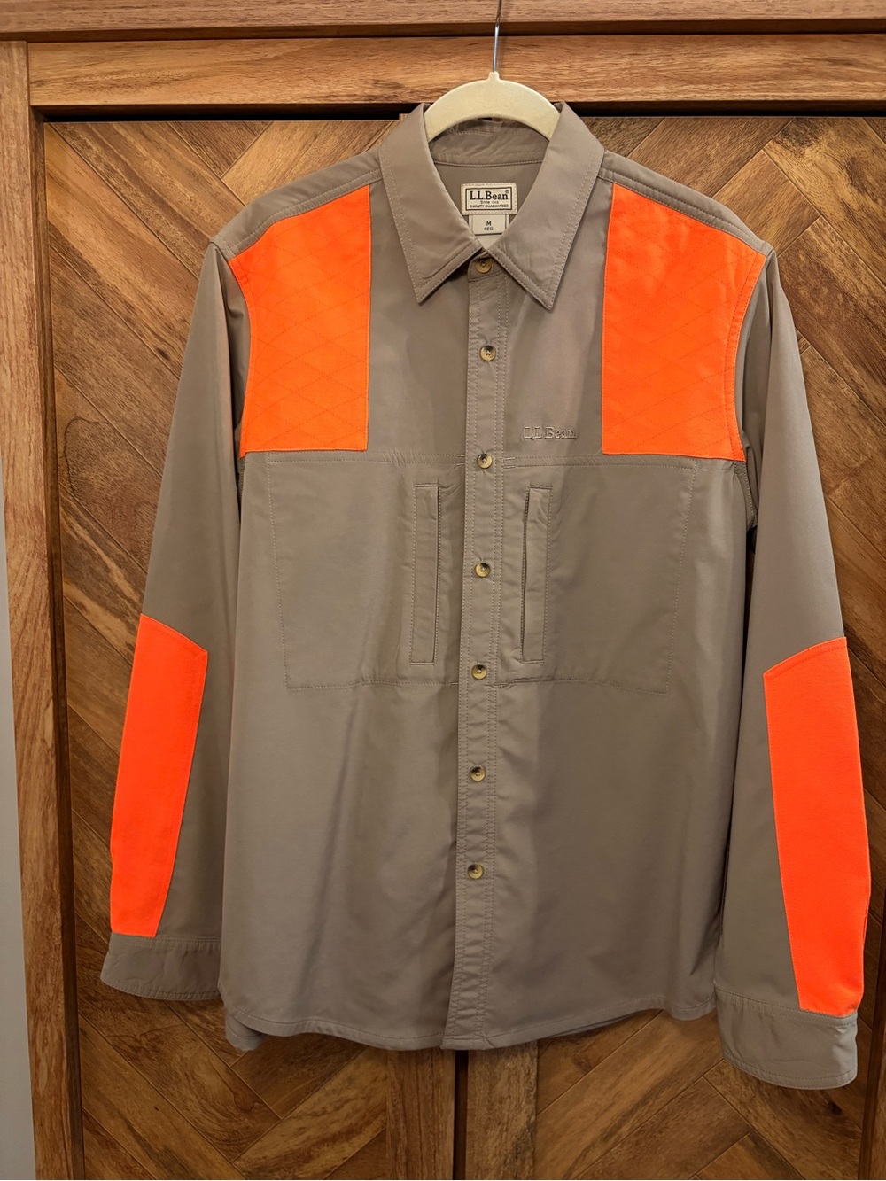 L.L. Bean Men's Taupe Button-Down Shirt with Orange Safety Panels